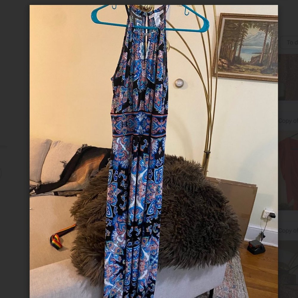 High-Neck Maxi Dress With Blue Print
